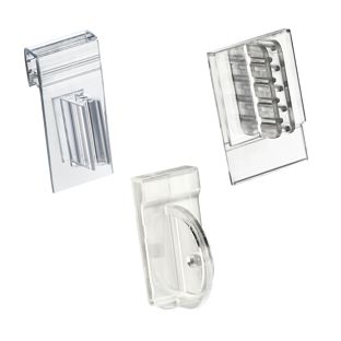 Shelf stopper clip to attach to data strips 