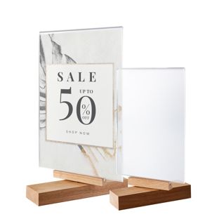 Rotating sign holder, with acrylic display and wood base 