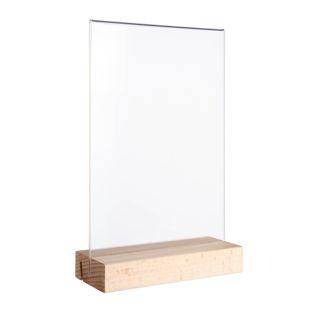 Menu holder MODUL, acrylic pocket with wooden base A5  | Beech  | wooden base with straight and angled insertion slot 