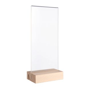 Menu holder MODUL, acrylic pocket with wooden base 1/3 A4  | Beech  | wooden base with straight and angled insertion slot 