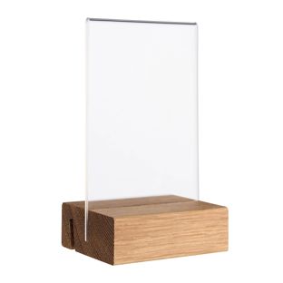 Menu holder MODUL, acrylic pocket with wooden base A7  | Oak  | wooden base with straight and angled insertion slot 