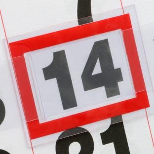 Date indicators imprinted slot window, red, elastic cord with two metal-ends printed slotted window SP3, 27 x 42 mm inside, 35 x 50 mm outside | null
