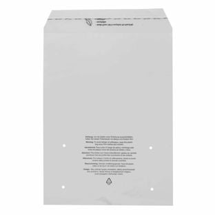 Bags with flap, with warning imprint, PIR foil, recloseable, transparent 350 x 430 mm
