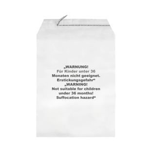 Bags with flap, with warning imprint, PP foil, recloseable, transparent 