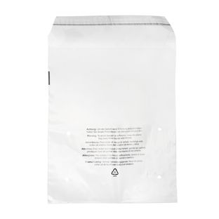 Bags with flap, with warning imprint, PCR foil, recloseable, transparent 