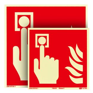 Fire Alarm Call Point sign, phosphorescent, plastic, ISO 7010 