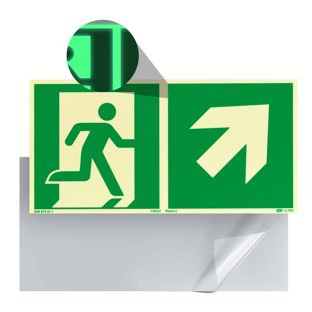 Emergency Exit sign, phosphorescent, plastic, ISO 7010 right upwards 