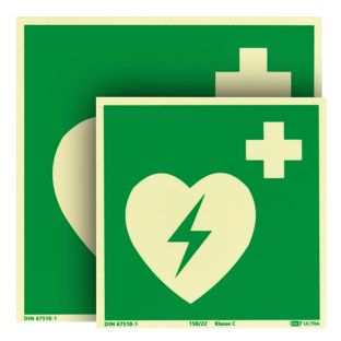 Automated External Defibrillator (AED) sign, phosphorescent, plastic, ISO 7010 