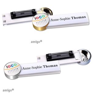 Name badges amigo® alu-print stainless steel pin white  | circle  | stainless steel  | gold 