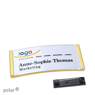 Name badges with pin polar® gold | 65 x 30 mm