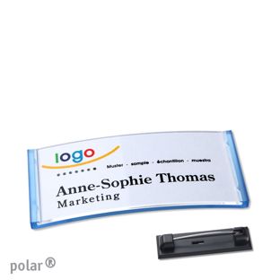 Name badges with pin polar® translucent, blue | 65 x 30 mm