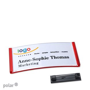Name badges with pin polar® translucent, red | 65 x 30 mm