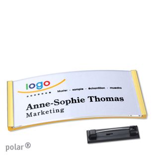 Name badges with pin polar® gold | 74 x 34 mm