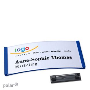 Name badges with pin polar® blue | 74 x 34 mm