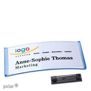 Name badges with pin polar® translucent, blue | 74 x 34 mm