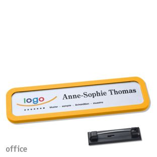 Name badges with pin OFFICE yellow | 75 x 17 mm