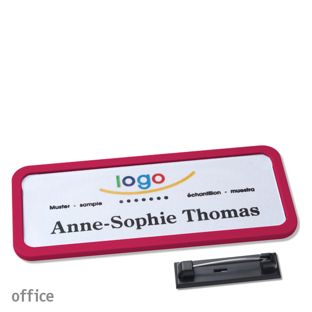 Name badges with pin OFFICE purple | 75 x 27 mm