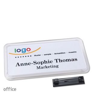 Name badges with pin OFFICE transparent | 75 x 37 mm