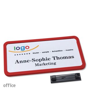 Name badges with pin OFFICE red | 75 x 37 mm