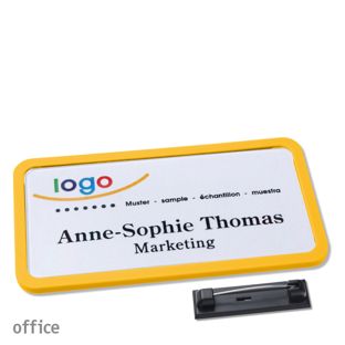 Name badges with pin OFFICE yellow | 75 x 37 mm
