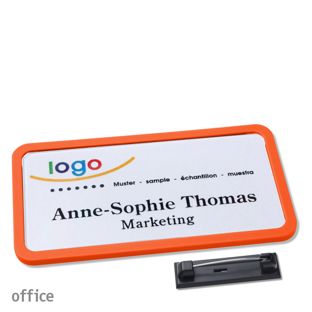 Name badges with pin OFFICE orange | 75 x 37 mm