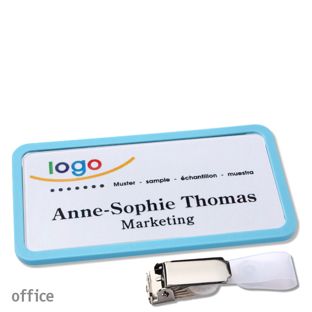 Name badges with hanger clip Office Hanger clip | pastel blue | 75 x 37 mm