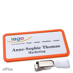 Name badges with hanger clip Office Hanger clip | orange | 75 x 37 mm