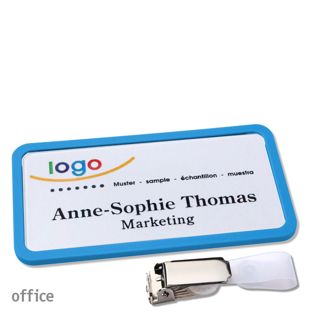 Name badges with hanger clip Office Hanger clip | medium blue | 75 x 37 mm