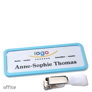 Name badges with hanger clip Office Hanger clip | pastel blue | 75 x 27 mm