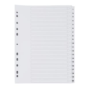 Index A4 ,Numbers 1-20 printed on both sides, 11-hole punched, cardboard, white 