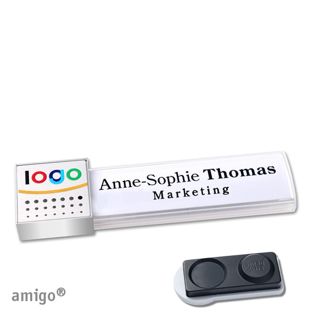 Jmenovky amigo® alu-print, magnet square | Magnet smag®, extra silný | bílá | stříbrná | ušlechtilá ocel