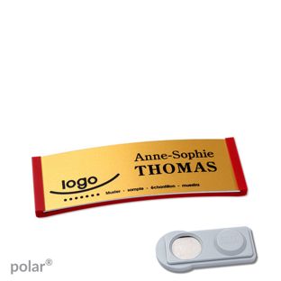 Name badges polar® alu-complete magnet smag® Magnet | red | gold | 64 x 22 mm