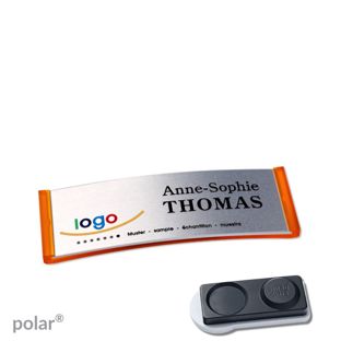 Name badges polar® alu-complete magnet smag® magnet, extra strong | translucent, orange | silver | 64 x 22 mm