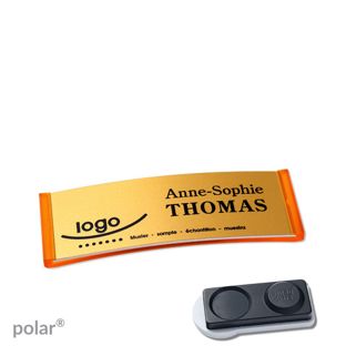 Jmenovky polar® alu-complete, magnet Magnet smag®, extra silný | průsvitné provedení, oranžová | zlatá | 64 x 22 mm