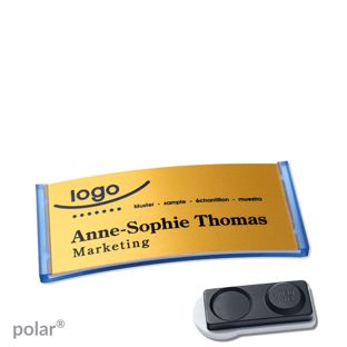 Jmenovky polar® alu-complete, magnet Magnet smag®, extra silný | průsvitné provedení, modrá | zlatá | 65 x 30 mm