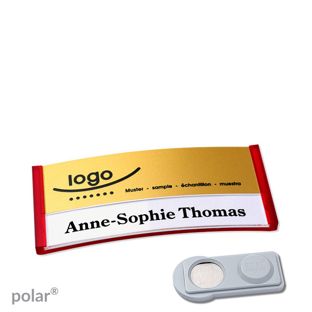 Jmenovky polar® alu-print, magnet Magnet smag® | průsvitné provedení, červená | zlatá | 65 x 30 mm