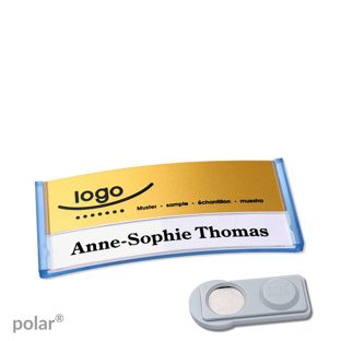 Jmenovky polar® alu-print, magnet Magnet smag® | průsvitné provedení, modrá | zlatá | 65 x 30 mm