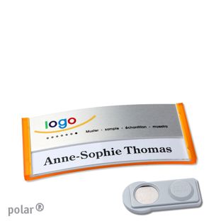 Jmenovky polar® alu-print, magnet Magnet smag® | průsvitné provedení, oranžová | stříbrná | 65 x 30 mm