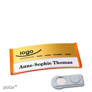 Jmenovky polar® alu-print, magnet Magnet smag® | průsvitné provedení, oranžová | zlatá | 65 x 30 mm