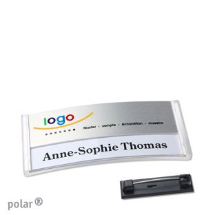 Jmenovky polar® alu-print se špendlíkem transparentní provedení | stříbrná | 65 x 30 mm