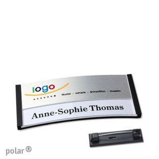Jmenovky polar® alu-print se špendlíkem černá | stříbrná | 65 x 30 mm