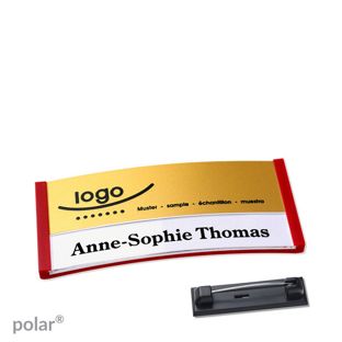 Jmenovky polar® alu-print se špendlíkem červená | zlatá | 65 x 30 mm