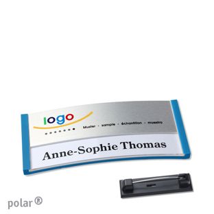 Jmenovky polar® alu-print se špendlíkem středně modrá | stříbrná | 65 x 30 mm