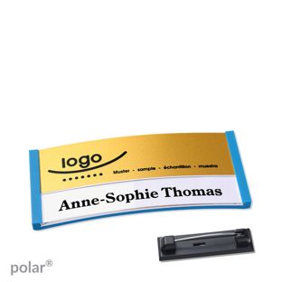 Jmenovky polar® alu-print se špendlíkem středně modrá | zlatá | 65 x 30 mm