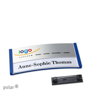 Jmenovky polar® alu-print se špendlíkem modrá | stříbrná | 65 x 30 mm