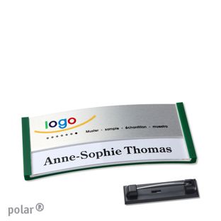Jmenovky polar® alu-print se špendlíkem zelená | stříbrná | 65 x 30 mm