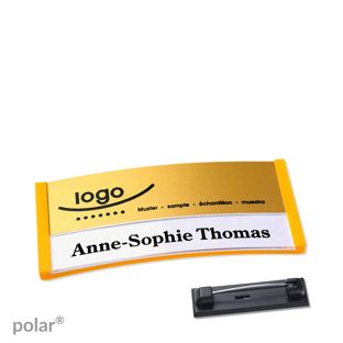 Jmenovky polar® alu-print se špendlíkem žlutá | zlatá | 65 x 30 mm