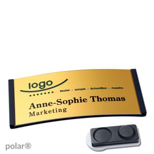 Name badges polar® alu-complete magnet smag® magnet, extra strong | black | gold | 74 x 34 mm