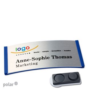 Name badges polar® alu-complete magnet smag® magnet, extra strong | blue | silver | 74 x 34 mm