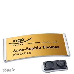 Name badges polar® alu-complete magnet smag® magnet, extra strong | stainless steel | gold | 74 x 34 mm
